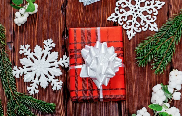Picture snowflakes, branches, gifts, New year, needles