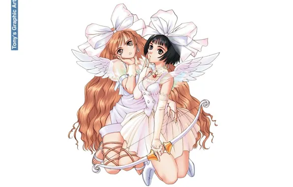 Two, bow, fairy, white background, bow, wings, long hair, art
