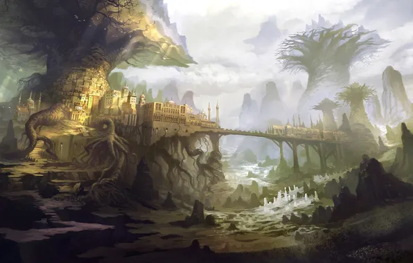 Picture water, trees, bridge, the city, roots, river, art, fantasy world