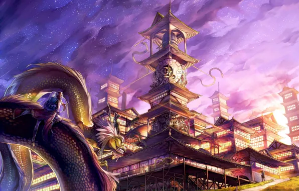 The city, dragon, fantasy, art, rby, shikihara mitabi