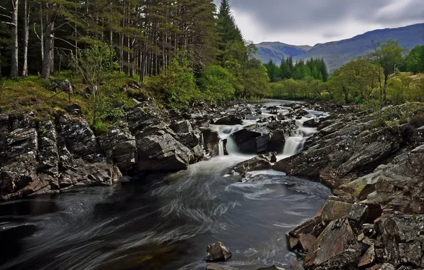Picture forest, mountains, river, stones, Scotland, Scotland, River Orchy