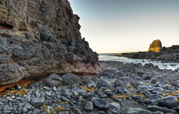 The sky, water, light, stones, rocks, Shore