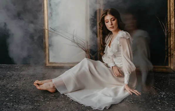 Girl, pose, smoke, dress, mirror, on the floor, by Albina Ponomareva, Alina Kasatkina