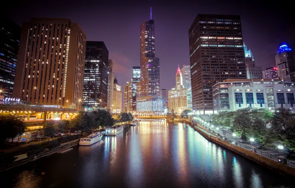 Night, the city, lights, river, skyscrapers, Chicago, Chicago, Illinois