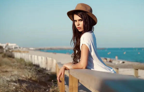 Sea, beach, girl, the sun, pose, hat, makeup, brunette