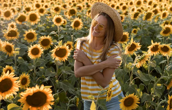 Summer, girl, sunflowers, flowers, pose, smile, laughter, hat