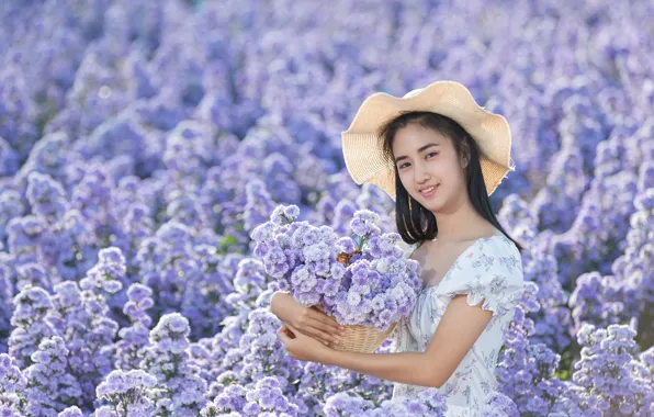 Summer, girl, flowers, pose, smile, hat, hands, dress