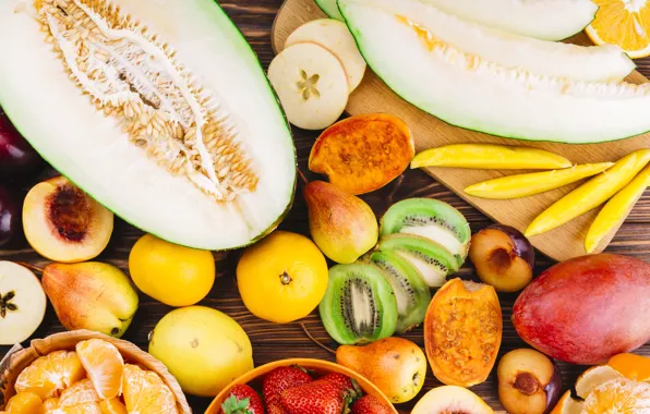 Fruit, a lot, different, melon, cuts