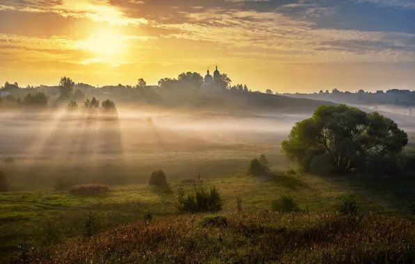 Picture light, landscape, nature, fog, dawn, village, morning, Church