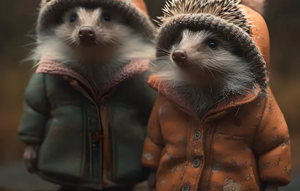Hedgehog, a couple, coat, hedgehog, hedgehogs, digital art, jackets, Jerzy