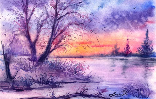Winter, trees, birds, river, watercolor, painted landscape