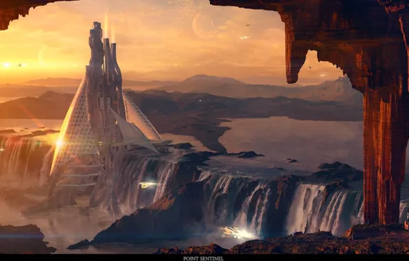 The sky, water, clouds, rock, people, bird, planet, tower
