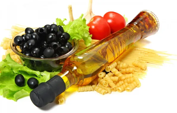 Tomatoes, olives, salad, olives, olive oil, pasta