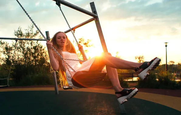 Picture girl, the sun, swing, sunrise, Anton Blok