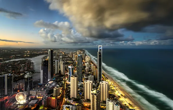 Picture the city, the ocean, skyscrapers, Australia, Surfers Paradise, City of Gold Coast