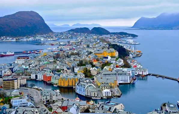 Mountains, building, port, Norway, panorama, Norway, the fjord, Alesund