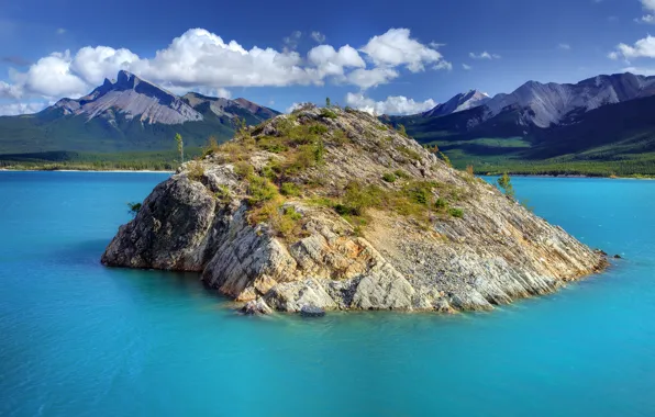 Forest, the sky, trees, mountains, rock, lake, island, Canada