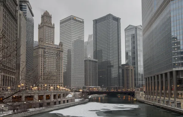 Ice, winter, the city, river, skyscrapers, Chicago, Illinois