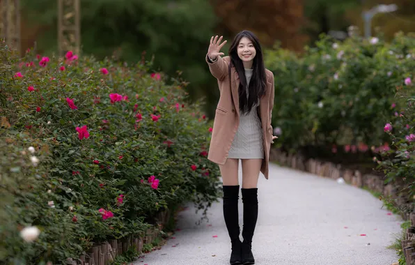 Girl, Asian, gesture, coat