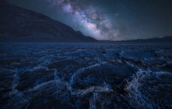 Stars, mountains, night, rocks, shore, view, The milky way, haze