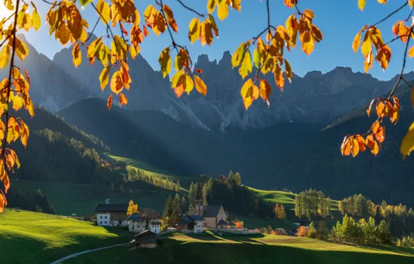 Autumn, landscape, mountains, branches, nature, hills, the slopes, village