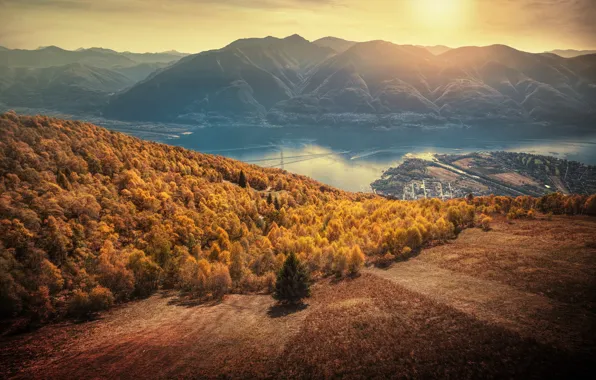 Autumn, forest, sunset, mountains, lake, Switzerland, Alps, panorama