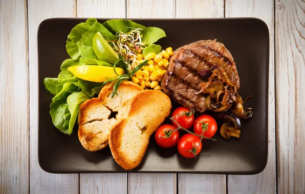 Greens, lemon, mushrooms, bread, meat, tomato, toast, tomatoes