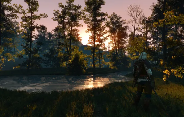 Forest, the sun, nature, lake, river, dawn, Sword, Warrior