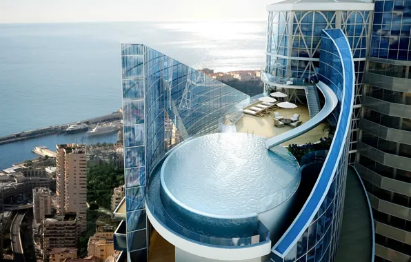Picture the hotel, Odeon Tower, pool, sea, Monaco