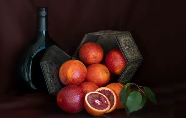 Leaves, the dark background, table, box, wine, bottle, oranges, red