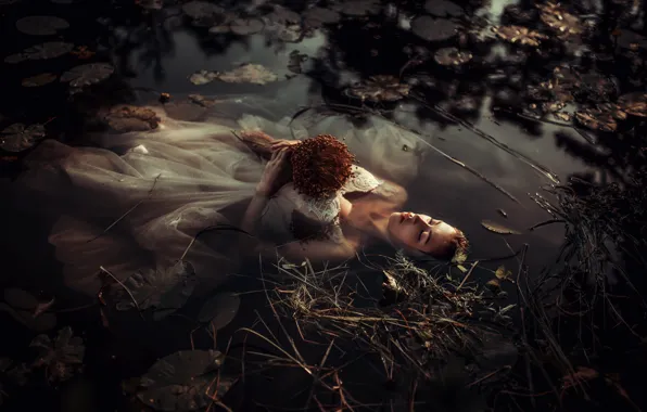 Leaves, water, girl, light, algae, nature, face, pose