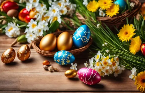 Flowers, eggs, spring, colorful, Easter, happy, flowers, spring