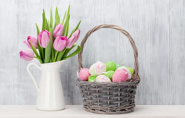 Flowers, eggs, spring, colorful, Easter, happy, wood, pink