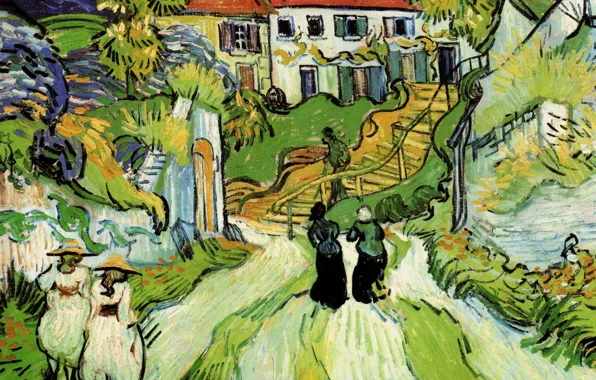 Picture Vincent van Gogh, and Steps, in Auvers with Figures, Village Street