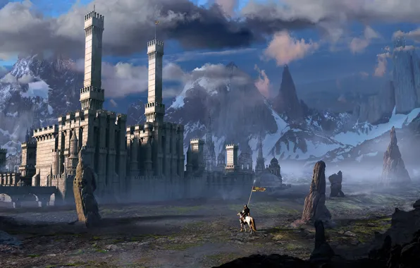 The sky, clouds, mountains, castle, rocks, horse, rider, knight