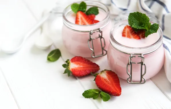 Berries, Breakfast, strawberry, jars, mint, yogurt, Olena Rudo