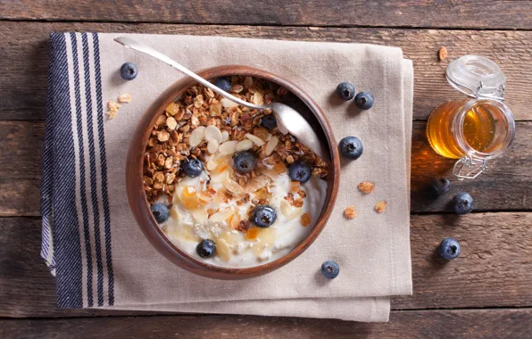 Picture Breakfast, blueberries, honey, nuts, muesli, yogurt