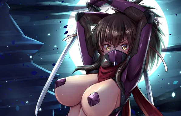 Girl, moon, sexy, long hair, boobs, anime, night, Asuka