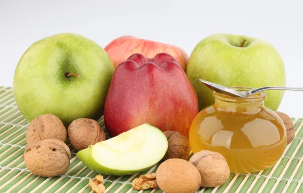Picture honey, jar, walnuts, apples. fruit