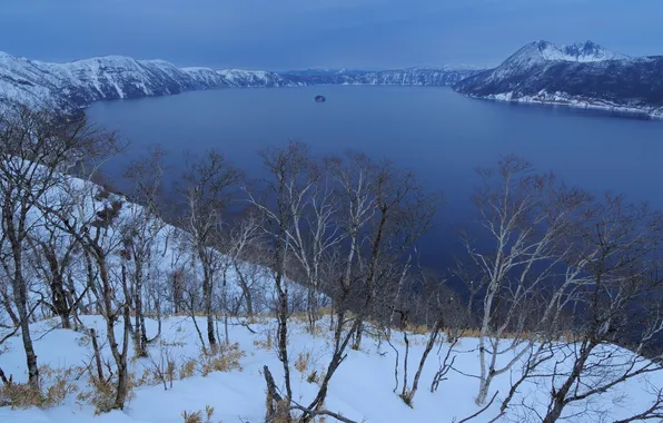 Winter, snow, trees, mountains, nature, lake, Mashuko