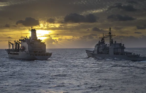 Sea, wave, the sky, the sun, sunset, ship, the evening, horizon
