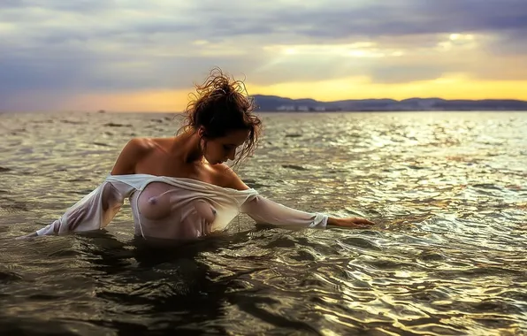 Sea, chest, the sky, girl, sunset, clouds, wet, blouse