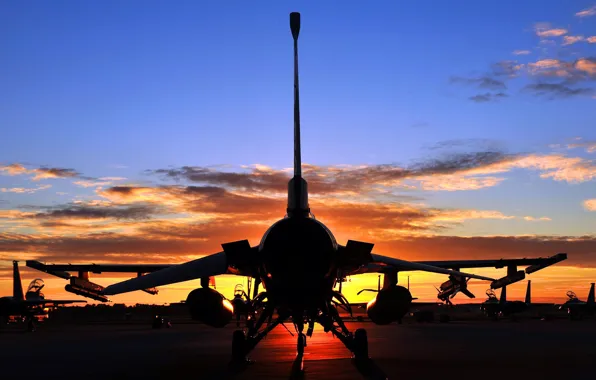 Picture twilight, sky, aircraft, sunset, F-16, clouds, aviation, General Dynamics F-16 Fighting Falcon