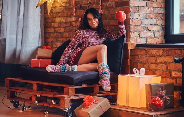 Girl, model, brunette, cute, socks, sweater