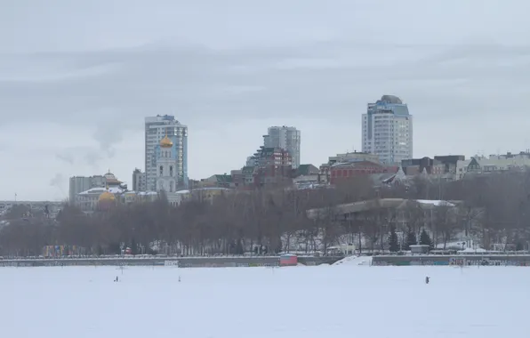 Picture the sky, snow, river, building, home, spring, Russia, architecture