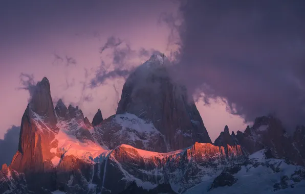 Picture winter, the sky, clouds, snow, sunset, mountains, nature, rocks