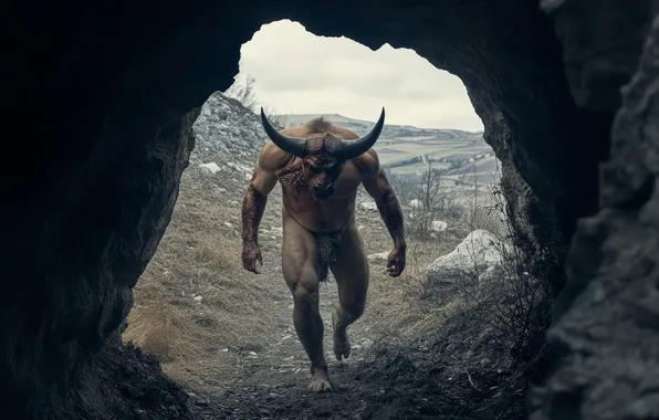 Cave, Monster, Horns, Digital art, The Minotaur, Mythology, AI art, The Art of Artificial Intelligence