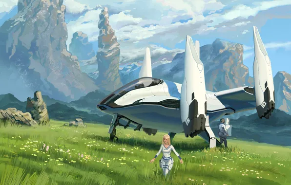Picture field, grass, mountains, planet, art, spaceship