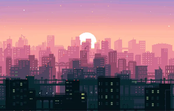 Picture Sunset, The sun, Music, The city, Pixels, Synthpop, 8Bit, Darkwave