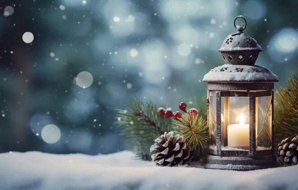 Winter, snow, night, Christmas, lantern, New year, Christmas, night